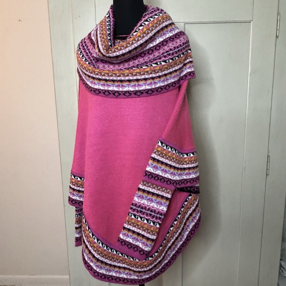 Peruvian Soul Alpaca Blend Poncho Wrap Shawl Pink‎ Trim Boho Chic with sleeve